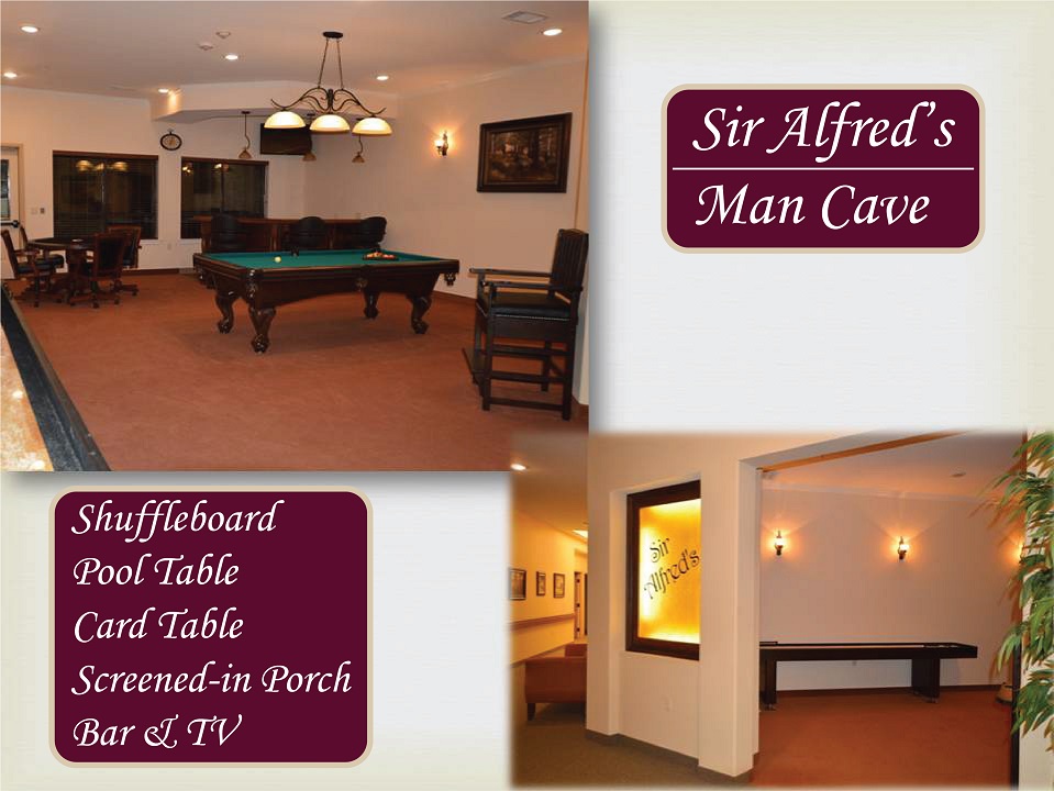 Sir Alfred's Man Cave: Shuffleboard, pool table, card table, screened-in porch, bar and TV.